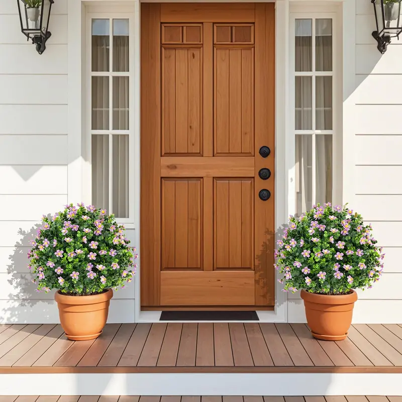 Two-Piece Faux Shrub Set — Lifelike Potted Artificial Plants with Blooming Details