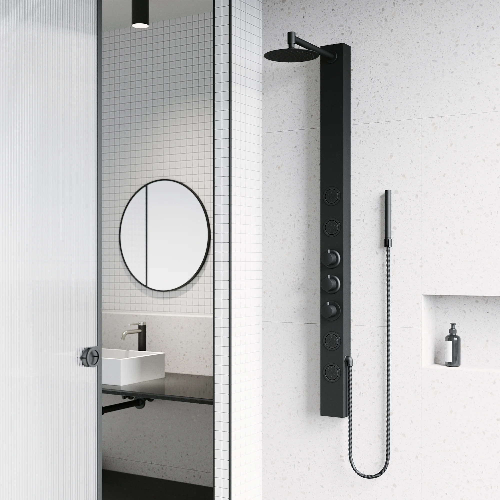 VIGO Sutton 58 in. H x 4 in. W 4-Jet Shower Panel System with Adjustable Round Head and Hand Shower Wand in Matte Black