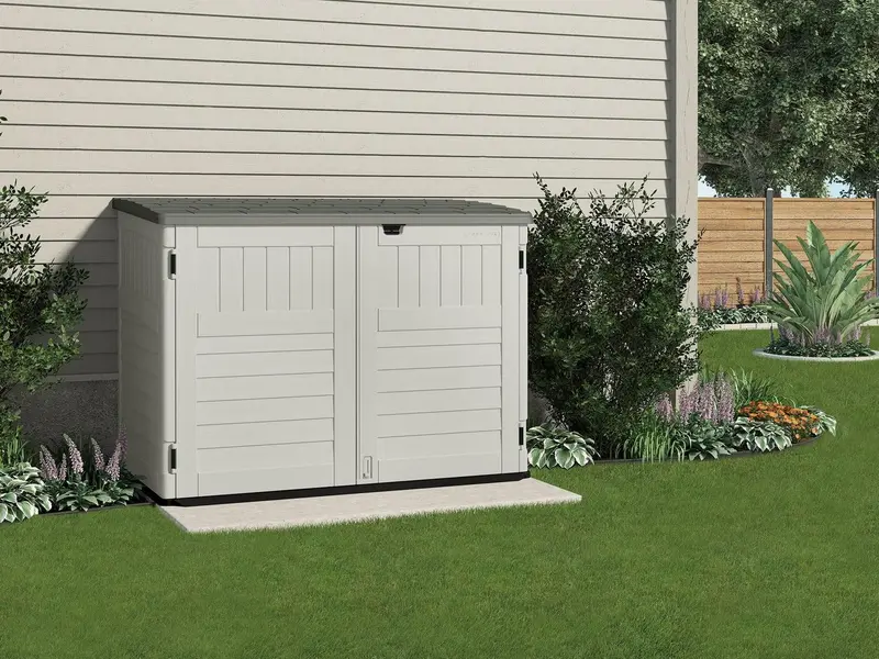 Suncast BMS4700 Resin Storage Shed – Off-White/Gray, 70.5″W × 44.25″D × 52″H, UV-Resistant Double-Door Design