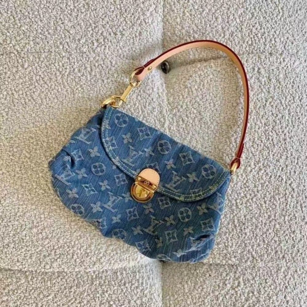 Louis Vuitton Pleaty Handbag Monogram Denim Blue 10.2 Inches M95050