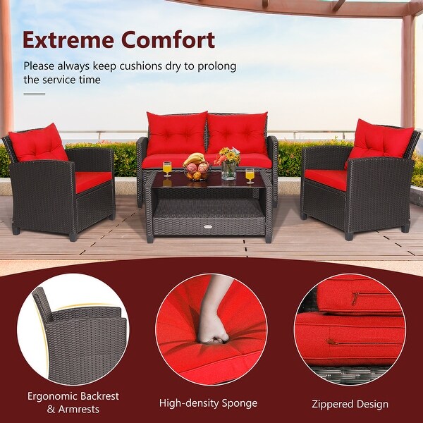 Costway 4 PCS Patio Rattan Furniture Set Glass Table Shelf Sofa