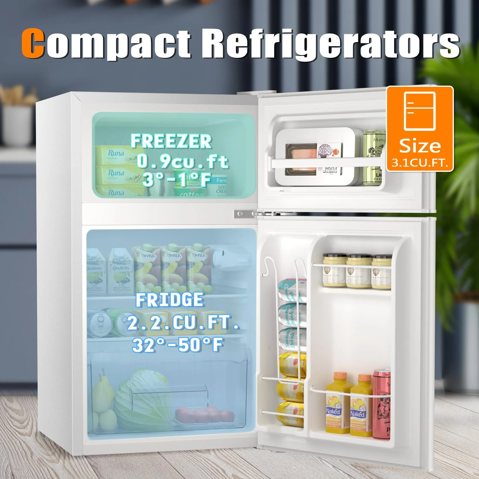 Kismile  Mini Fridge 3.1Cu.Ft Compact Refrigerator 2-Doors Freezer