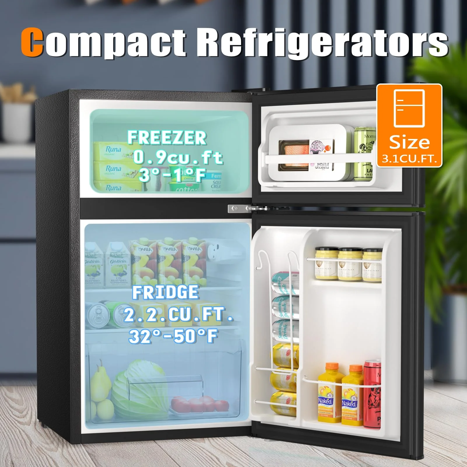 Kismile  Mini Fridge 3.1Cu.Ft Compact Refrigerator 2-Doors Freezer