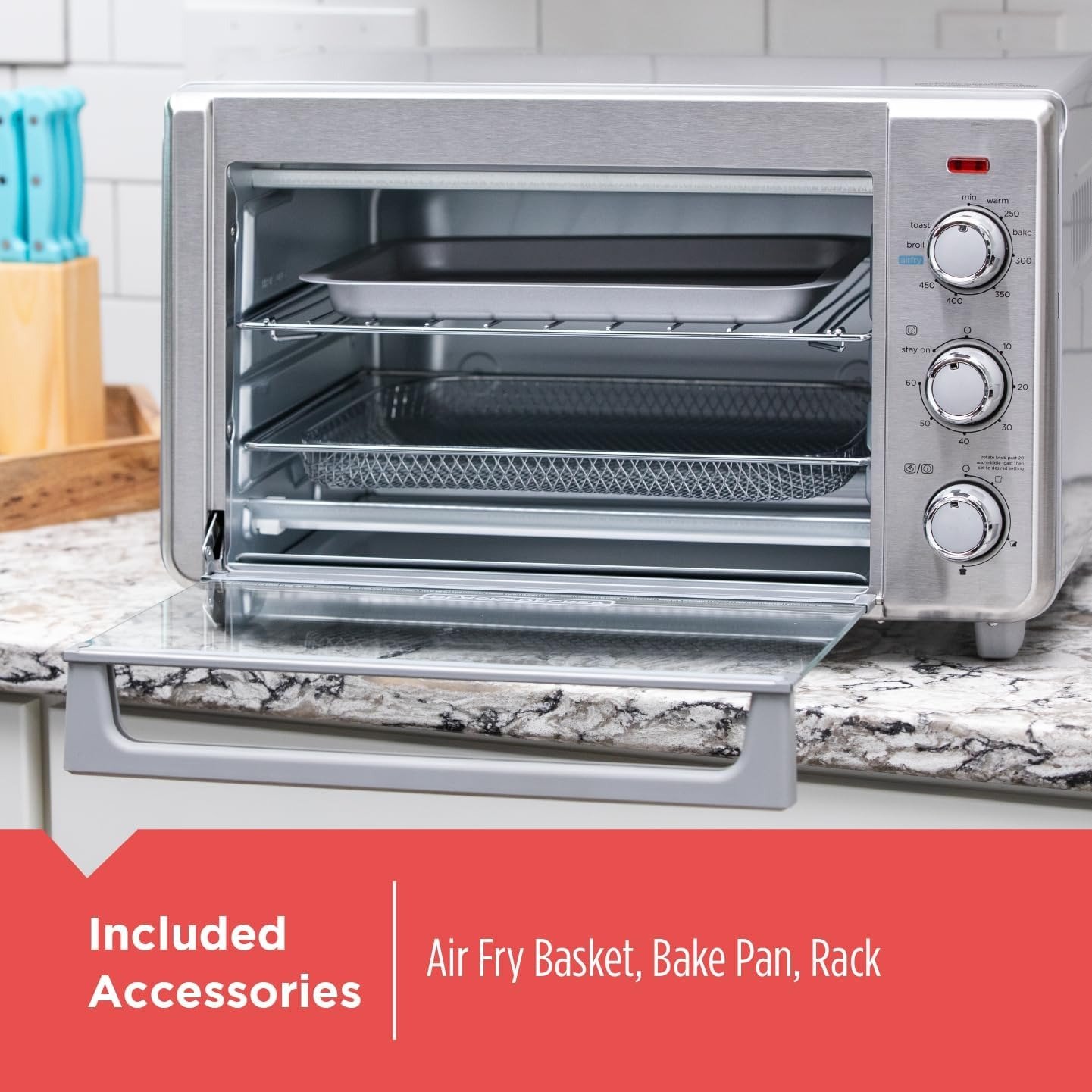 5-in-1 Air Fryer Toaster Oven, Fits 12′′ Pizza/6-Slice Toast, Convection Air Fry Tech, 60-Min Timer, Stainless Steel