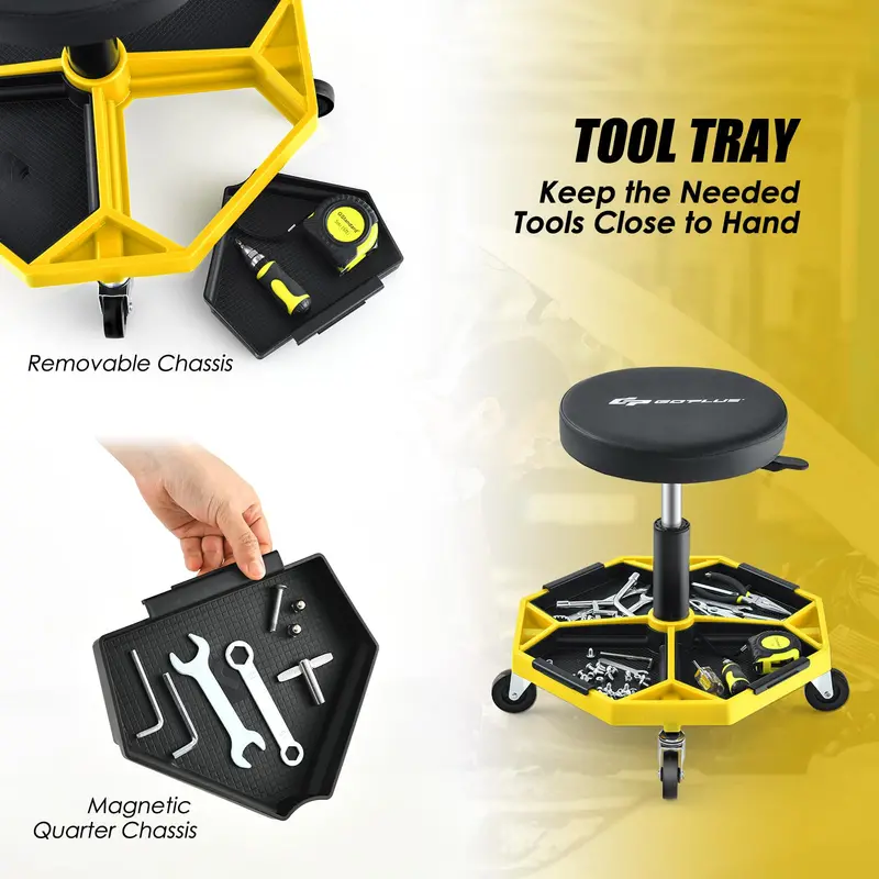 Rolling Mechanic Stool with Height-Adjustable Seat (16″–22″) and Detachable Magnetic Tool Tray