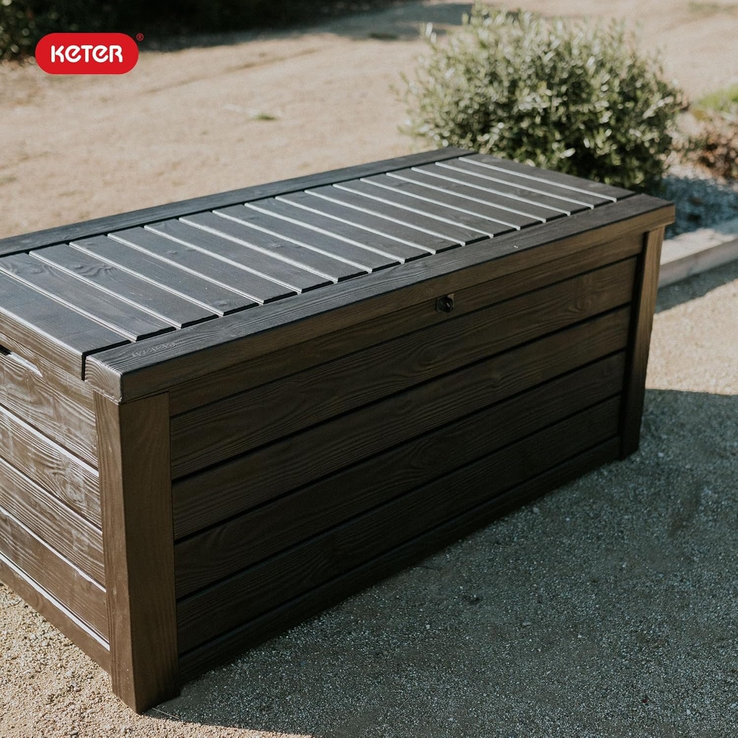 150 Gallon Deck Box Organizer, Doubles as 2-Person Bench Seat, Brown – Large Resin Outdoor Storage and Seating with Lockable Lid for Garden, Pool, and Patio
