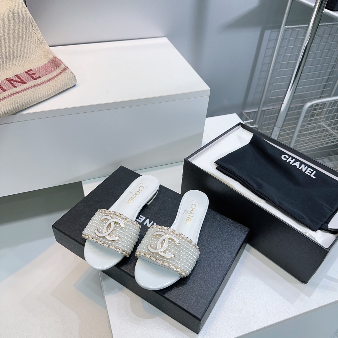Top-quality Chanel Double C buckle pearl flat slippers - cnluxepick