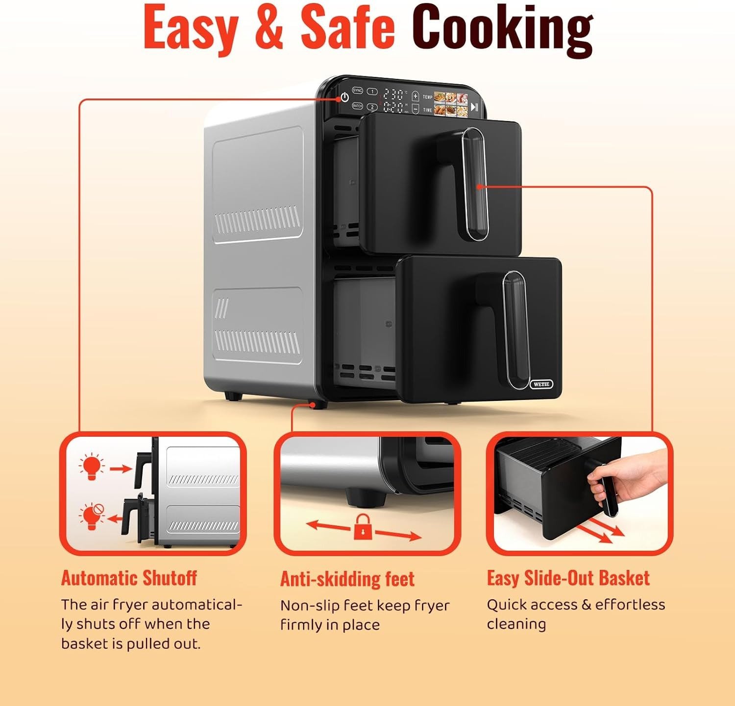 11.6QT Dual Vertical Air Fryer Sync Match 6 Presets Nonstick Dishwasher Safe 1600W Black