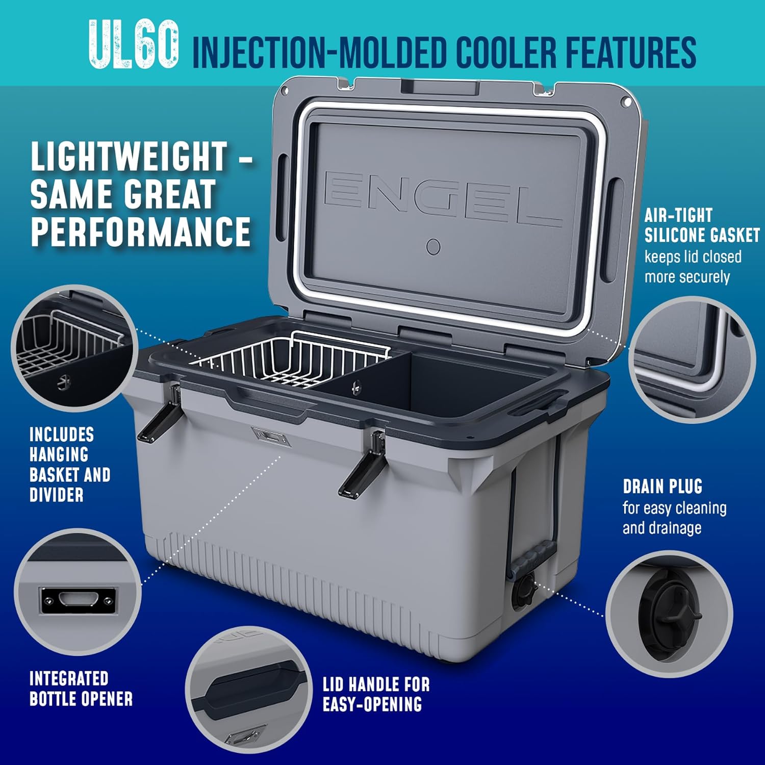60 QT Ultra-Light Injection Molded Cooler - Ice Chest Keeps Ice up to 7 Days - Large Cooler Includes Wire Basket, Divider and Built-in Bottle Opener