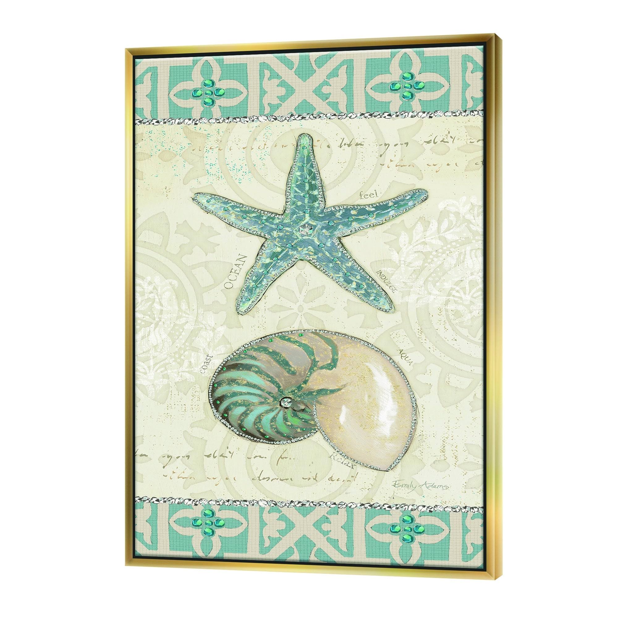 Designart &Seastar and Blue Sea Shell I& Nautical u0026 Coastal Framed Canvas - 34 in. Wide x 44 in. High - Gold