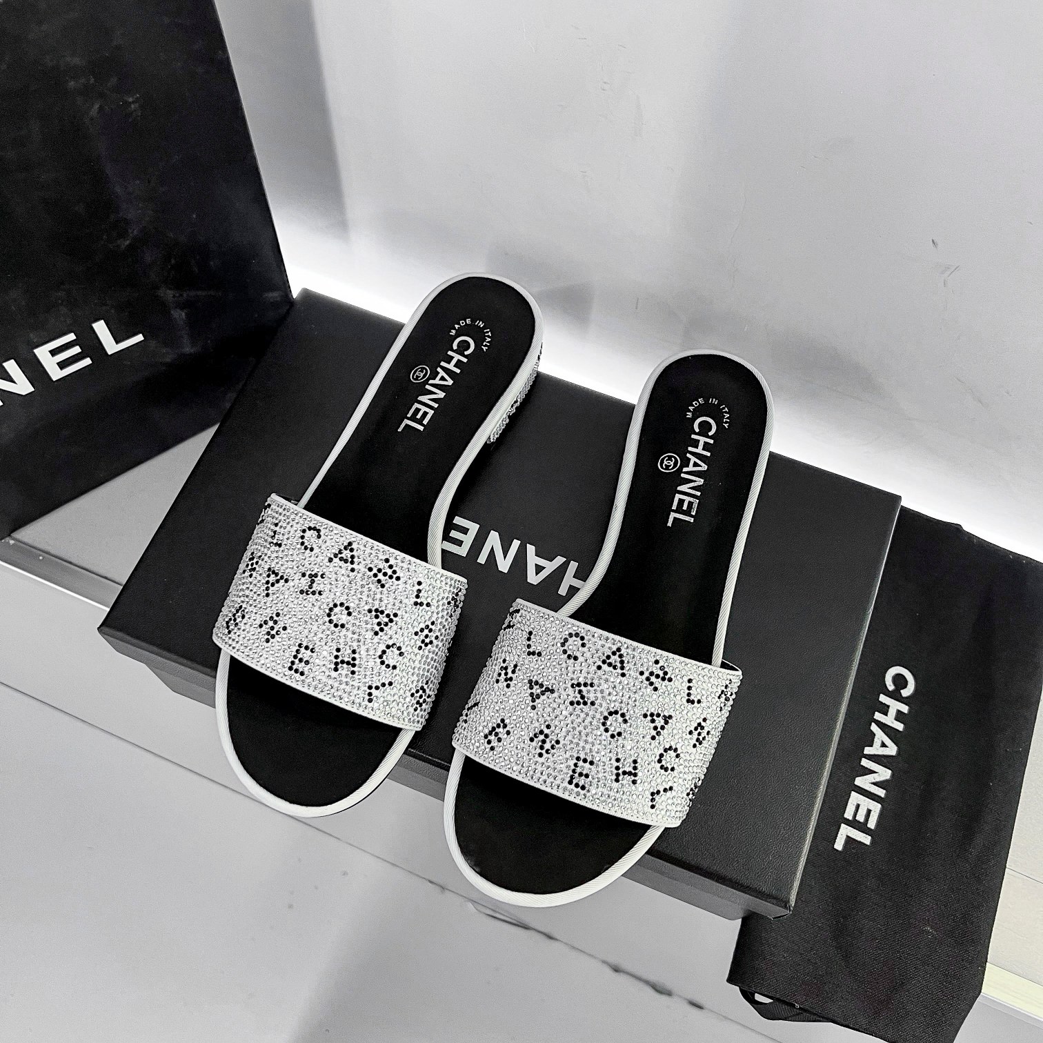 Chanel 24P Beaded Diamond Logo Slippers Silver