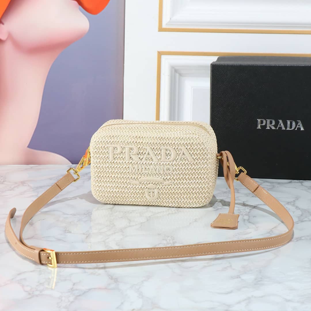 Prada Raffia Crochet Shoulder Bag Natural 20Cm