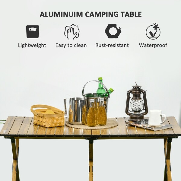 Outsunny 4ft Aluminum Camping Table,Folding RollUp Picnic Table with Carry Bag,Waterproof and Woodgrain Finish