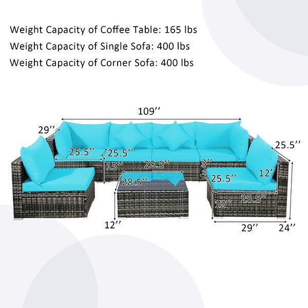 7PCS Patio Rattan Furniture Set Sectional Sofa Garden Cushion