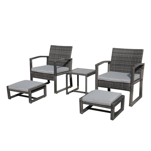 5Piece Patio Wicker Chat Set with Armchairs,Ottomans and Side Table