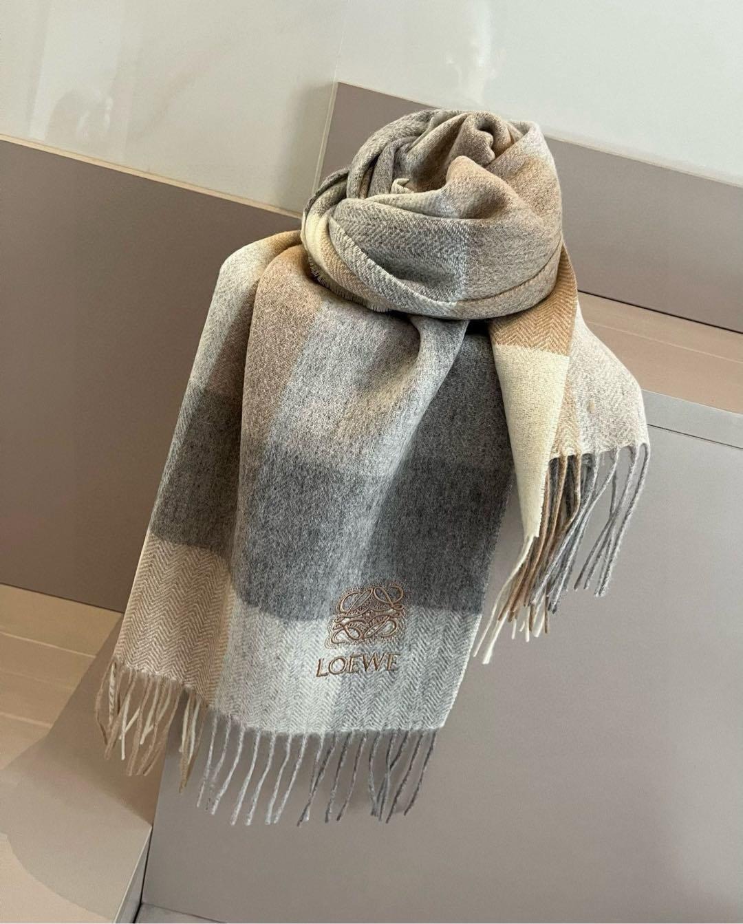 Loewe Cashmere Scarf Check Gray Brown For Women 180cm