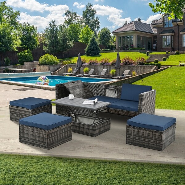 MultiFunctional Patio Sectional Furniture Set,5 Set PE Wicker Lounger Sofa Set with Adjustable Seat and Lift Coffee Table