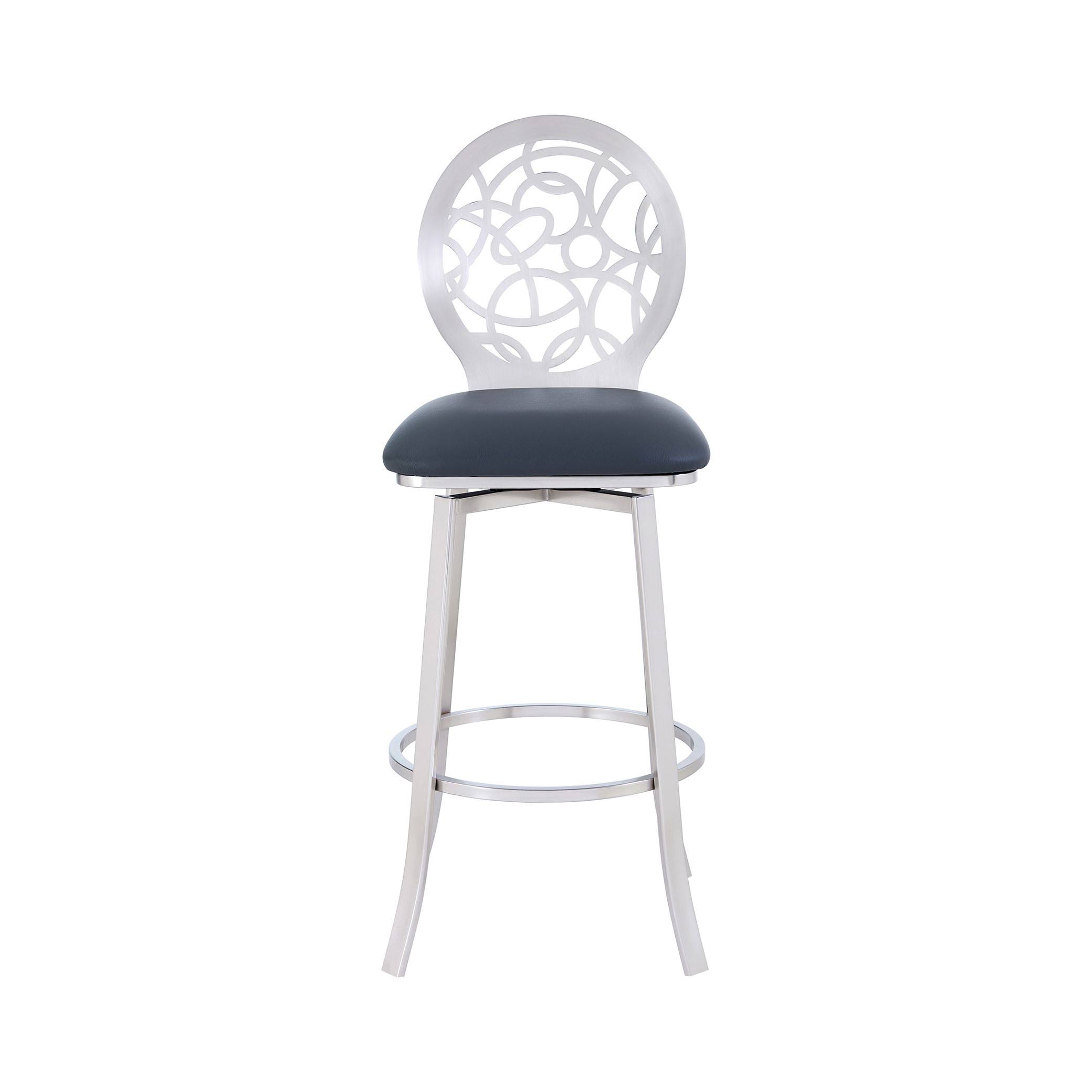 Armen Living Lotus Contemporary 30x22 Bar Height Barstool in Brushed Stainless Steel Finish and Grey Faux Leather