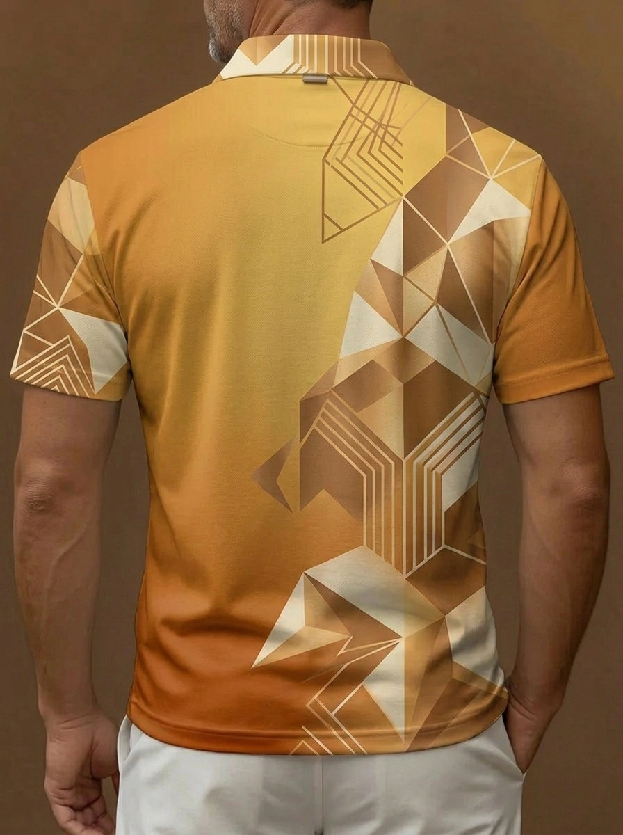 Yellow Orange Geometric Gradient Print Short Sleeve Golf Polo Shirt