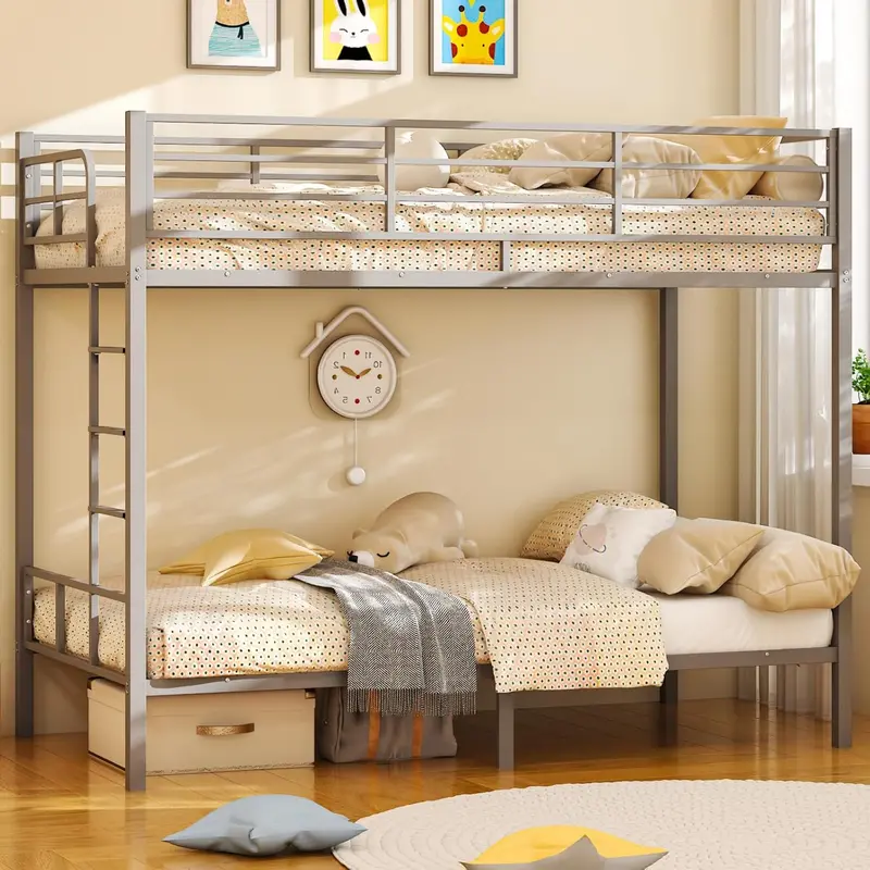 VINGLI Twin-over-Twin LED Bunk Bed — Non-Slip Ladder, Full-Length Guardrail, and Built-in Lighting