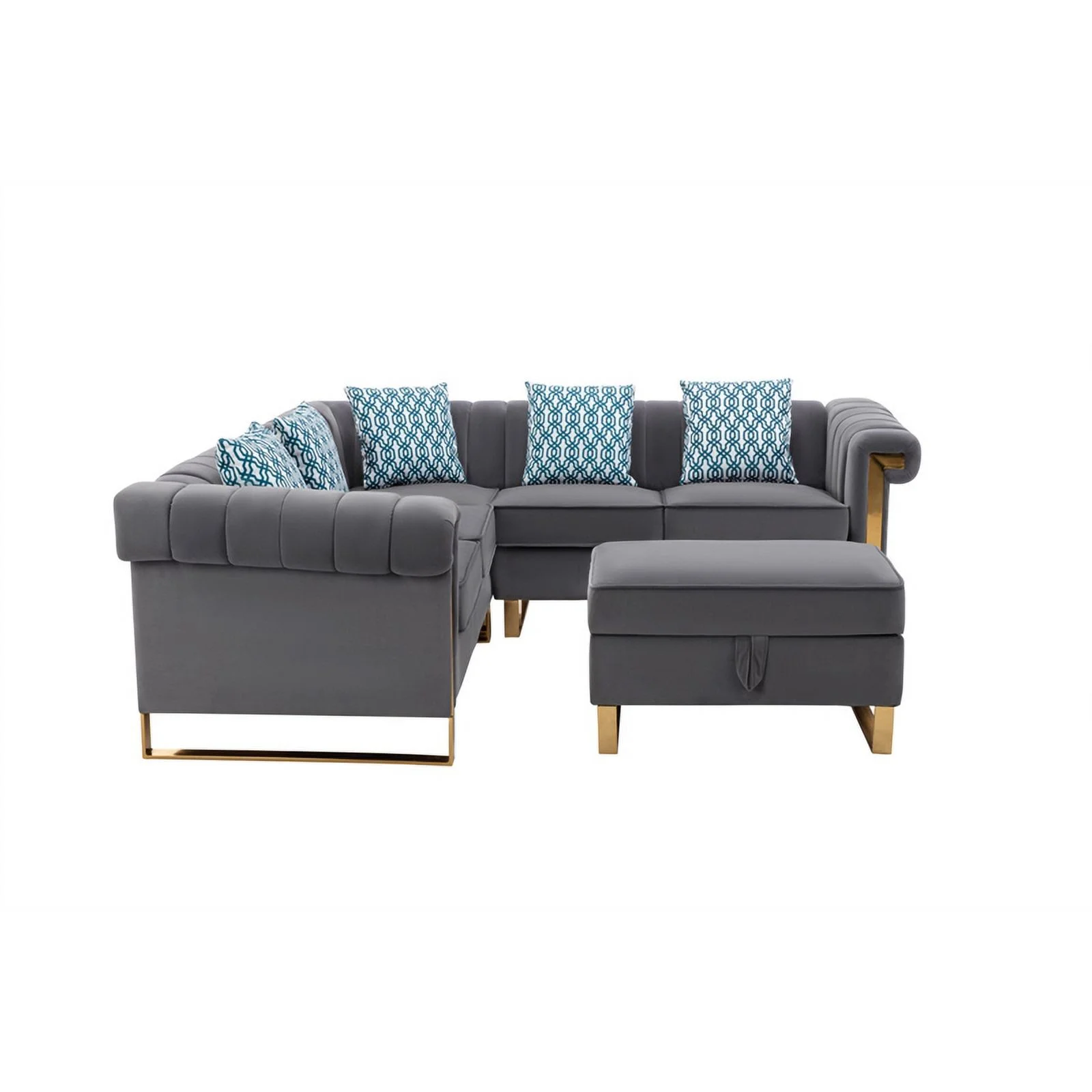 Pemberly Row Gray Velvet 5-Seater Sectional Sofa with Storage Ottoman