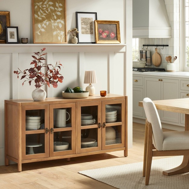 Grooved Wood With Glass 4 door Sideboard Buffet Cabinet With Magnolia