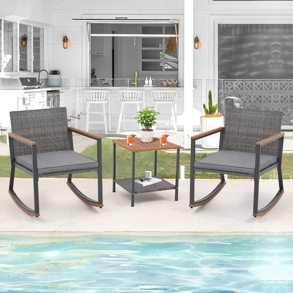 3 Piece Rocking Chair Patio Bistro Set Balcony Chairs Conversation Sets With Coffee Table and Cushions