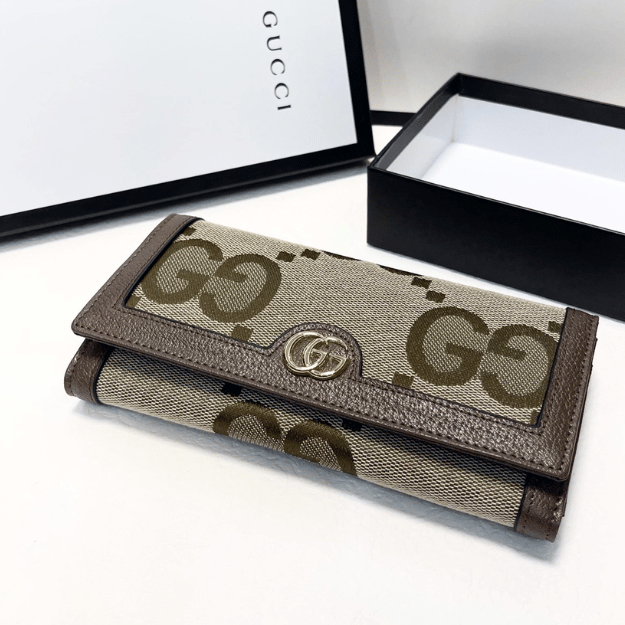 Gucci Jumbo Gg Monogram Flap Wallet Brown 7.5 Inches