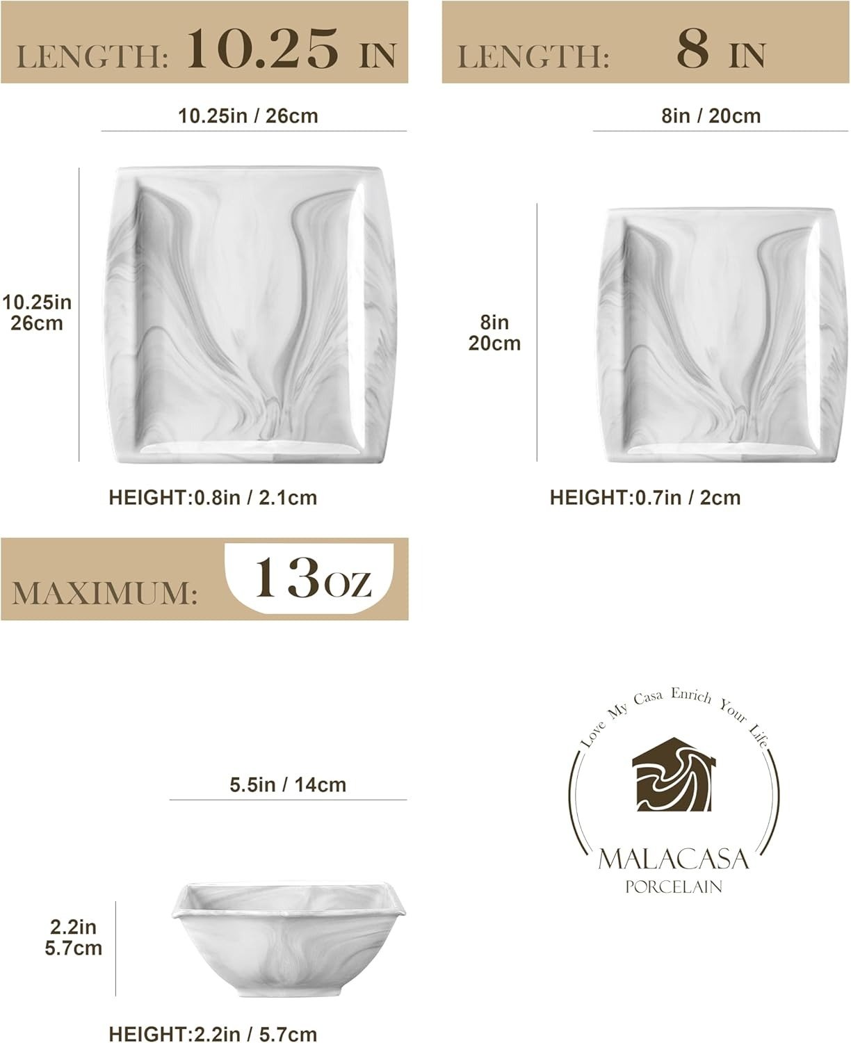 12-Piece Porcelain Dinnerware Set for 4 Marble Pattern Square Glossy Microwave Dishwasher Safe