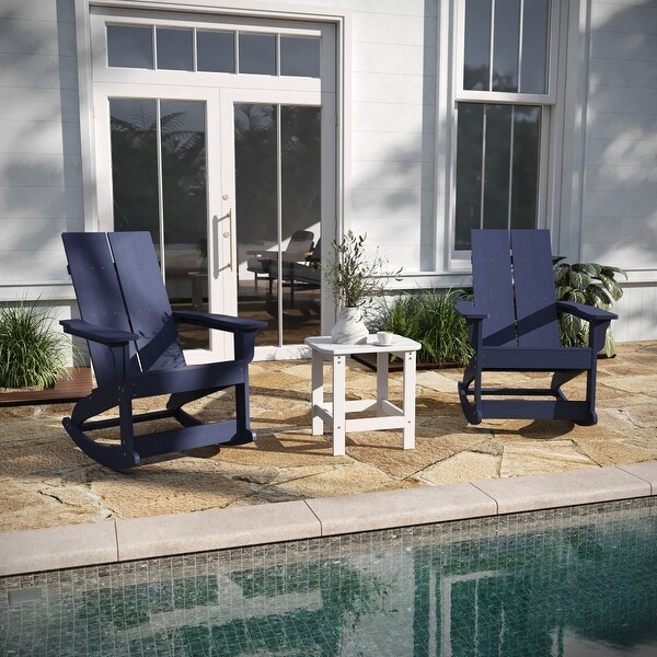 2 Modern Dual Slat Poly Resin Adirondack Rocking Chairs with Side Table