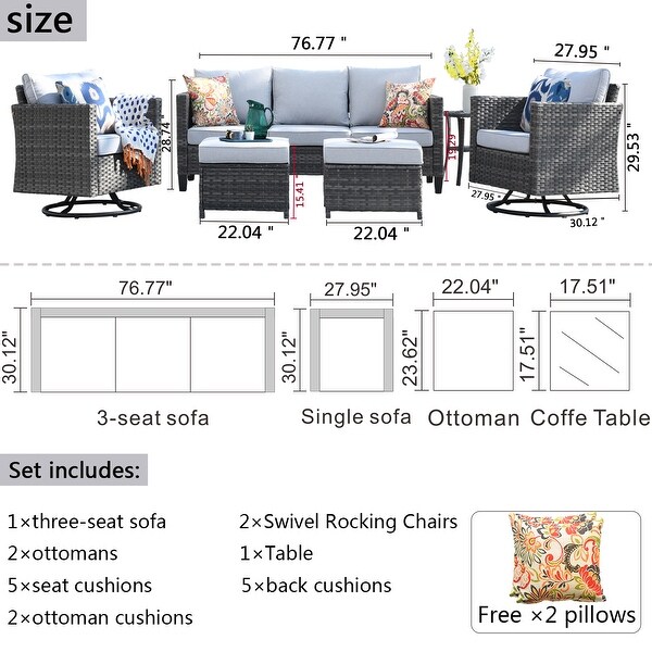OVIOS 6piece Wicker Sectional Sofa Swivel Rocking Chair Set