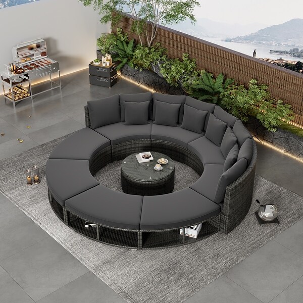 9Piece Outdoor Patio Furniture,Circular Outdoor Sofa Set with Tempered Glass Coffee Table