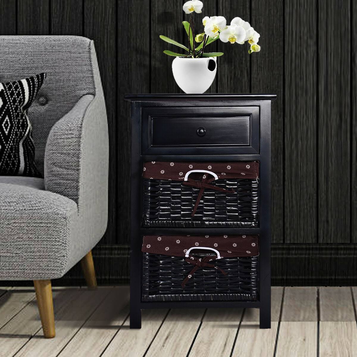 Costway Black Night Stand 3 Tiers 1 Drawer Bedside End Table Organizer Wood w/2 Baskets