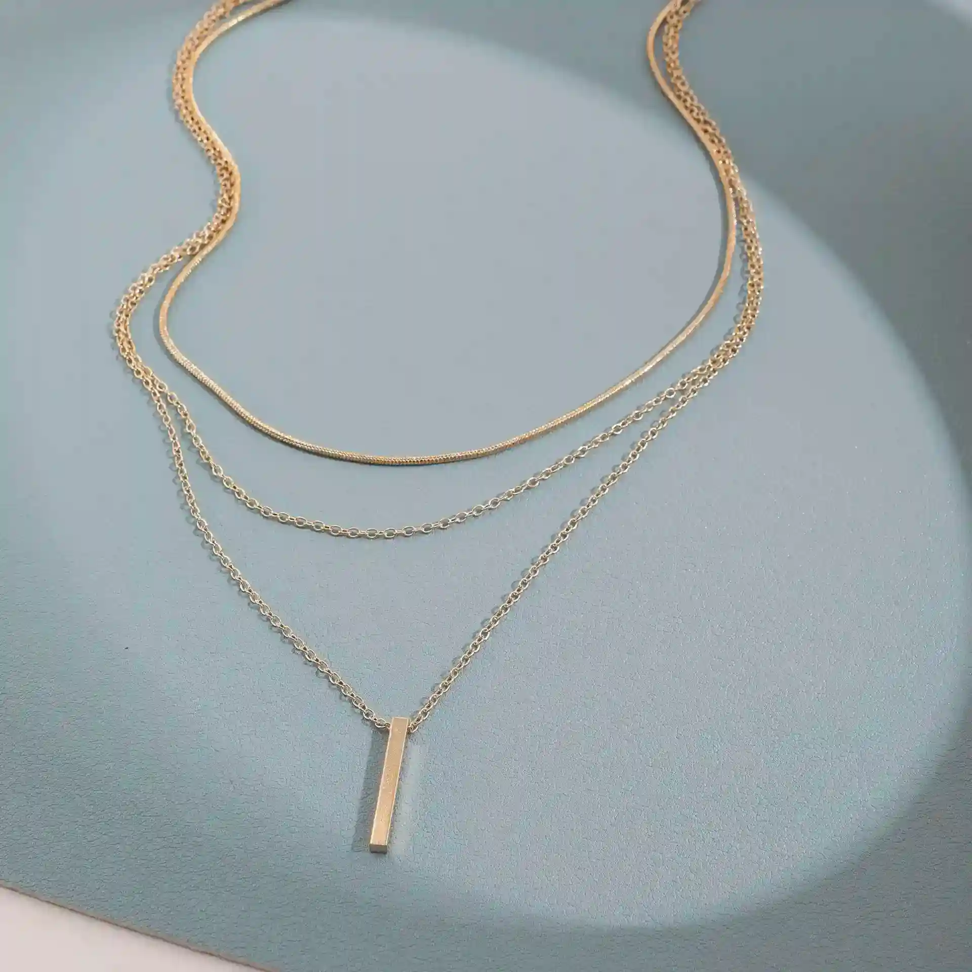 Gold Triple-Layer Long Bar Pendant Necklace for Women