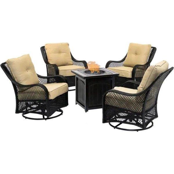 Orleans 5-Piece Steel Patio Fire Pit Conversation Set with Cushions, Swivel Gliders and Square Fire Pit Table