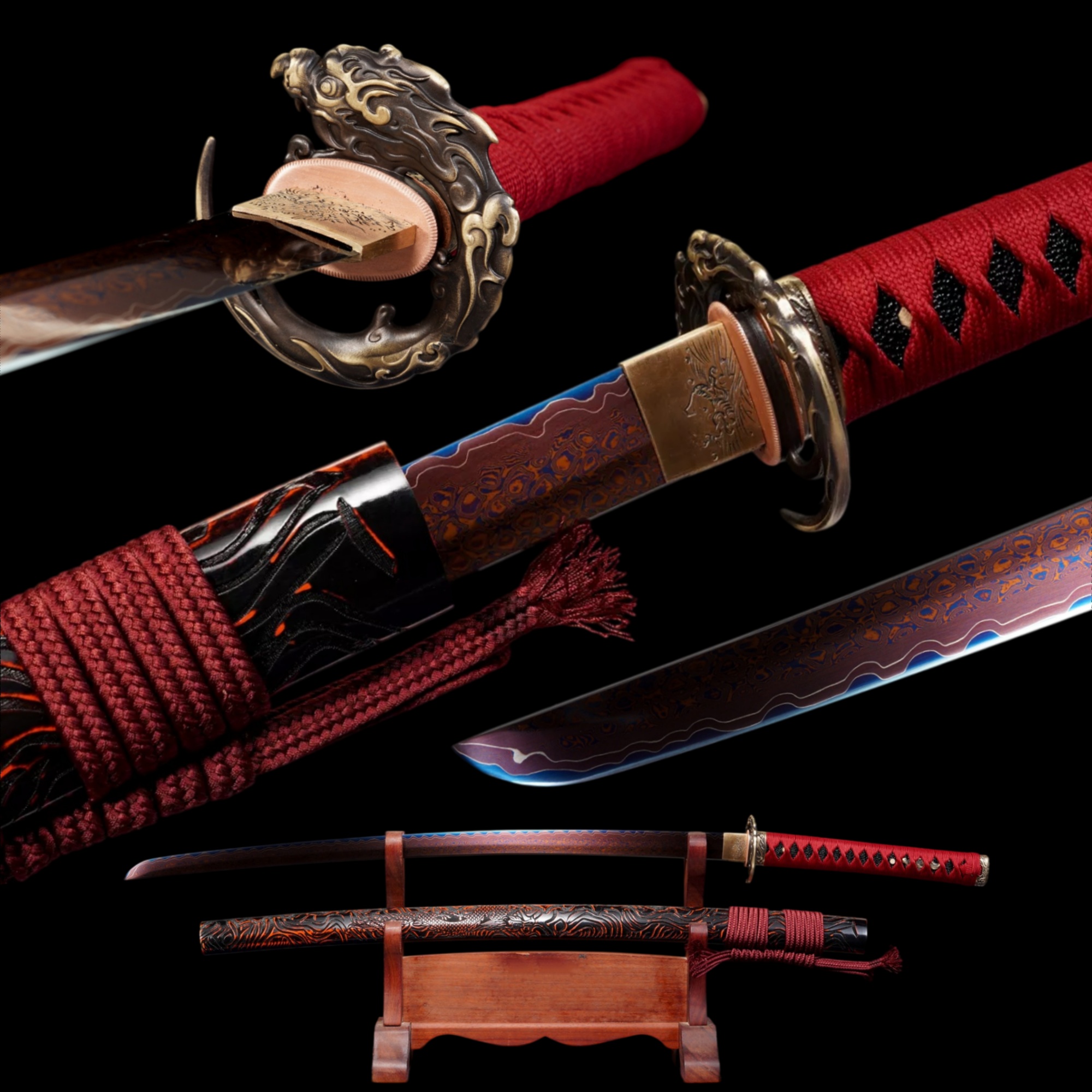Handmade Katana Damascus Sanmai Blue Blade Dragon Scale Tsuba Full Tang