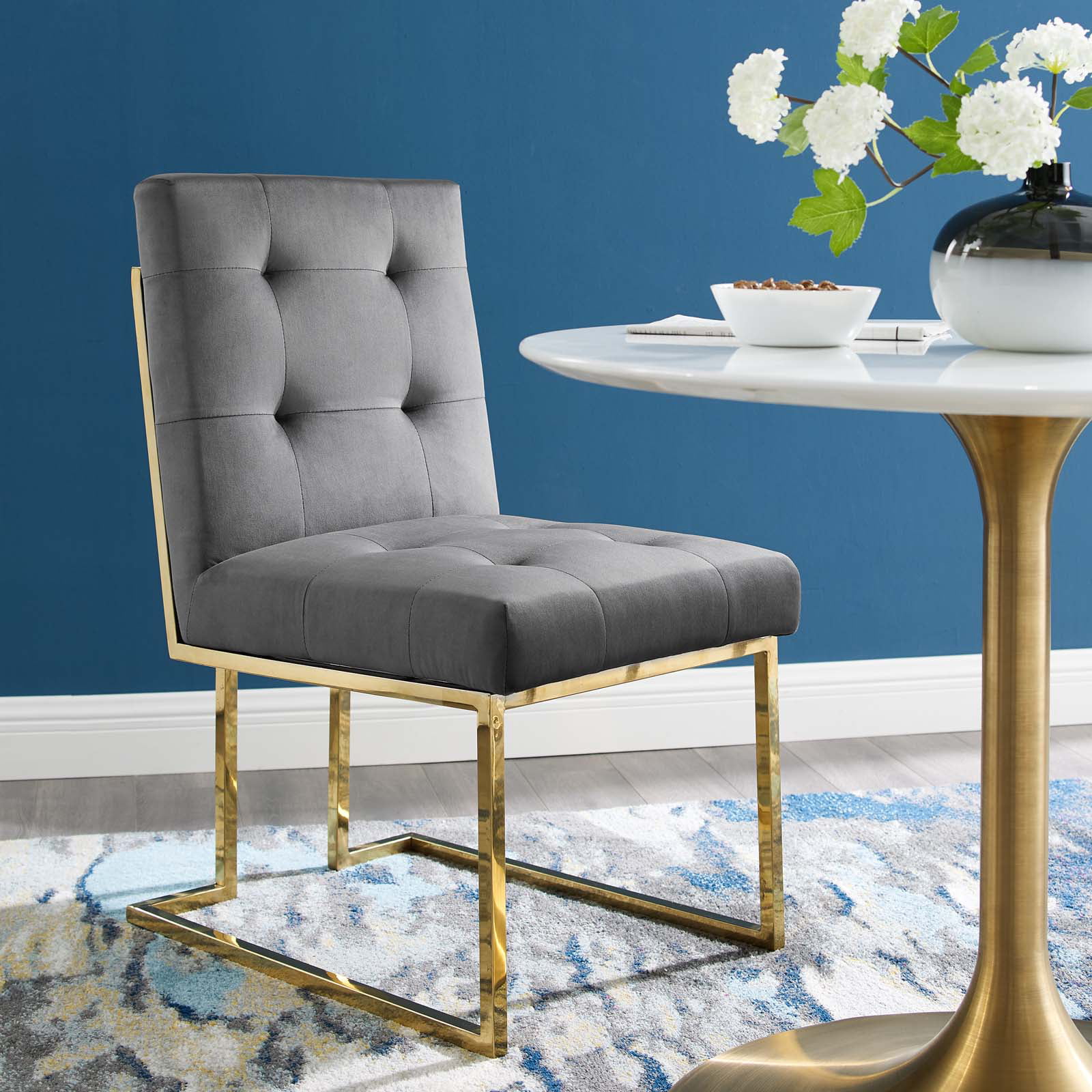 Contemporary Modern Urban Designer Dining Kitchen Room Side Chair, Velvet Fabric Metal Steel, Gold Grey Gray