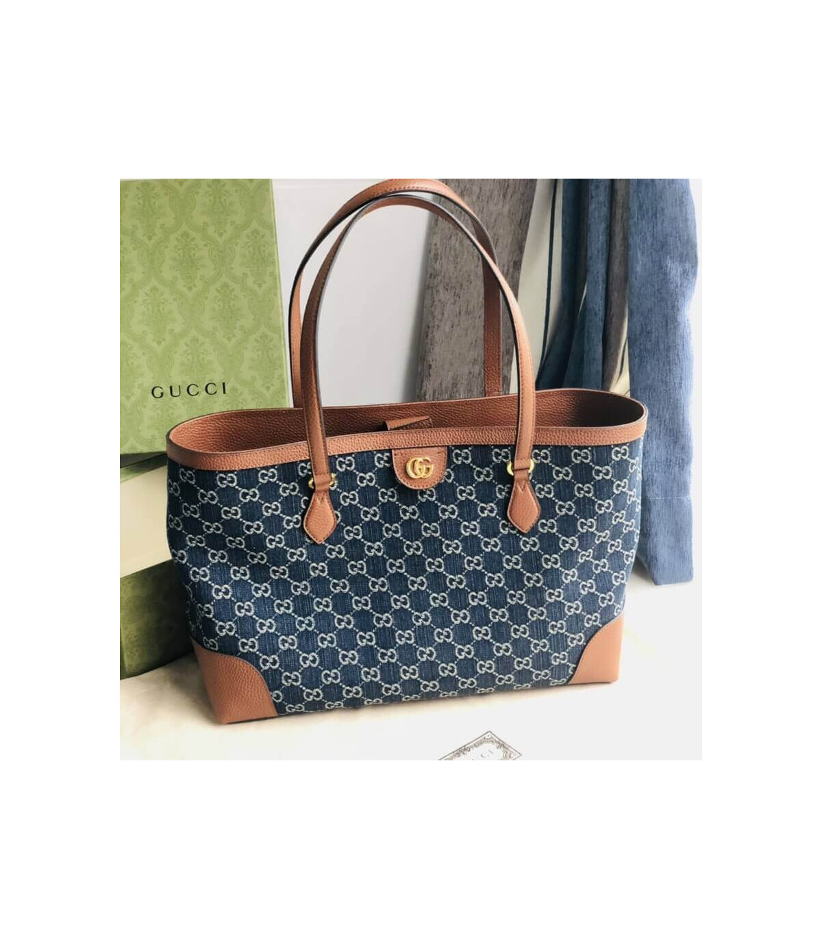 Gucci Indigo & Brown Ophidia Denim Tote 38cm