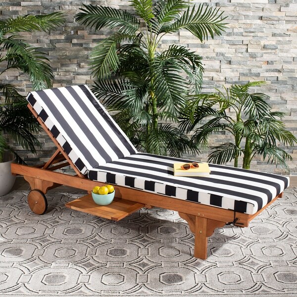 SAFAVIEH Outdoor Newport Solid Wood Chaise Lounge Chair with Side Table and Cushion