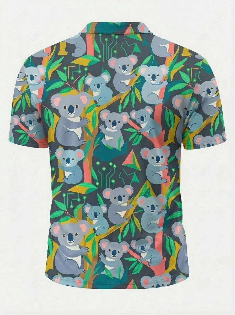 Moisture Wicking Golf Polo 3D Cartoon Koala Button Short Sleeve Golf Polo Shirt