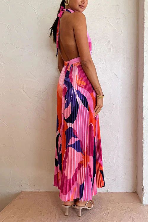 Backless Cut Out Maxi Dress - Pleated Halter GownClistos