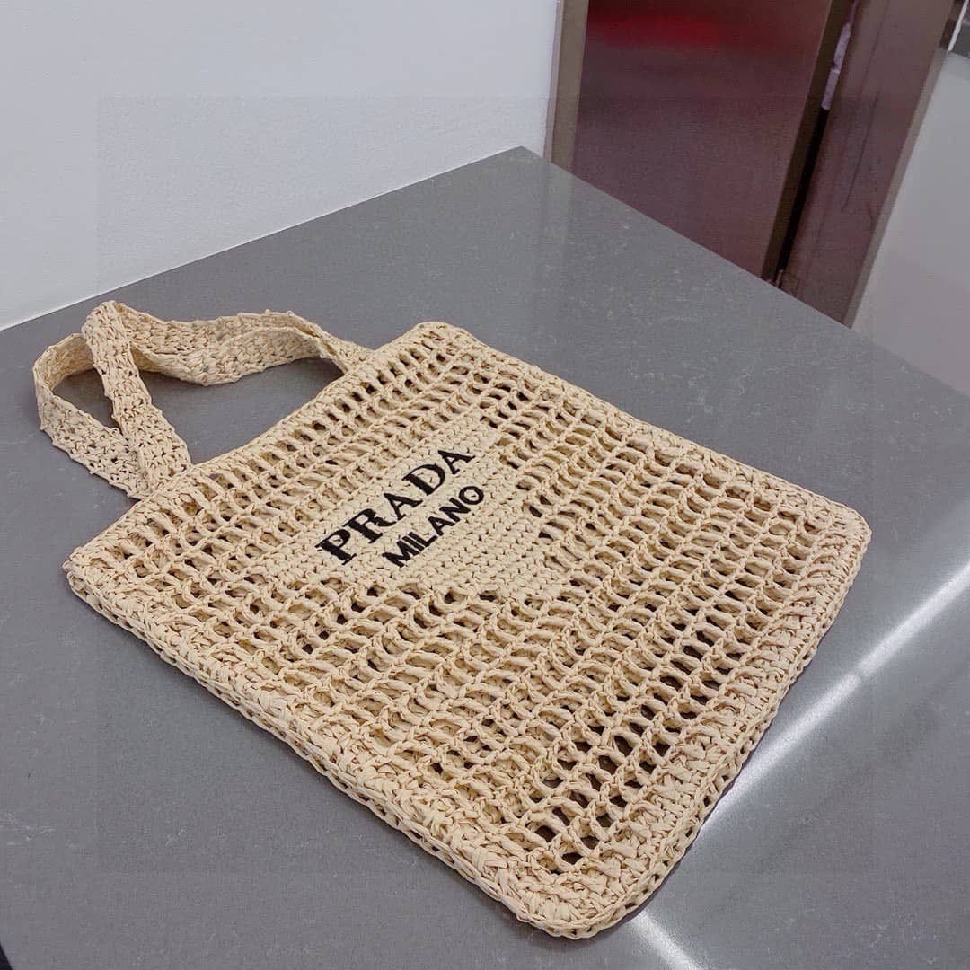 Prada Natural Crochet Logo Tote Bag Beach Bag 38 cm