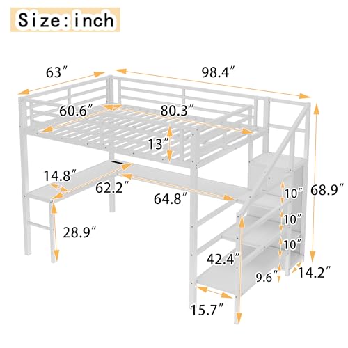 Bellemave Full Size Metal Loft Bed with L Shaped Desk and Wardrobe, Heavy Duty Loft Bed Frame with Storage Stairs, LED Loft Bed Frame with Charging Station & Safety Guardrails, Black