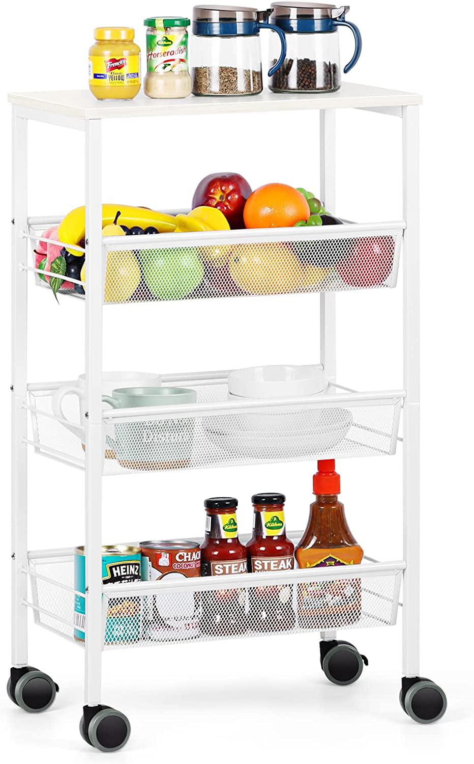 3 Tier Kitchen Storage Rolling Utility Cart with Wood Top, White
