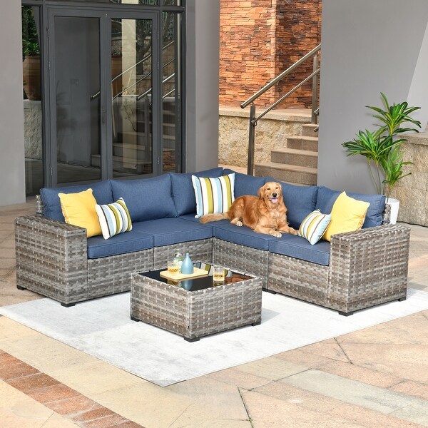 OVIOS Patio Wicker Furniture Wide Arm 6piece Set with Table