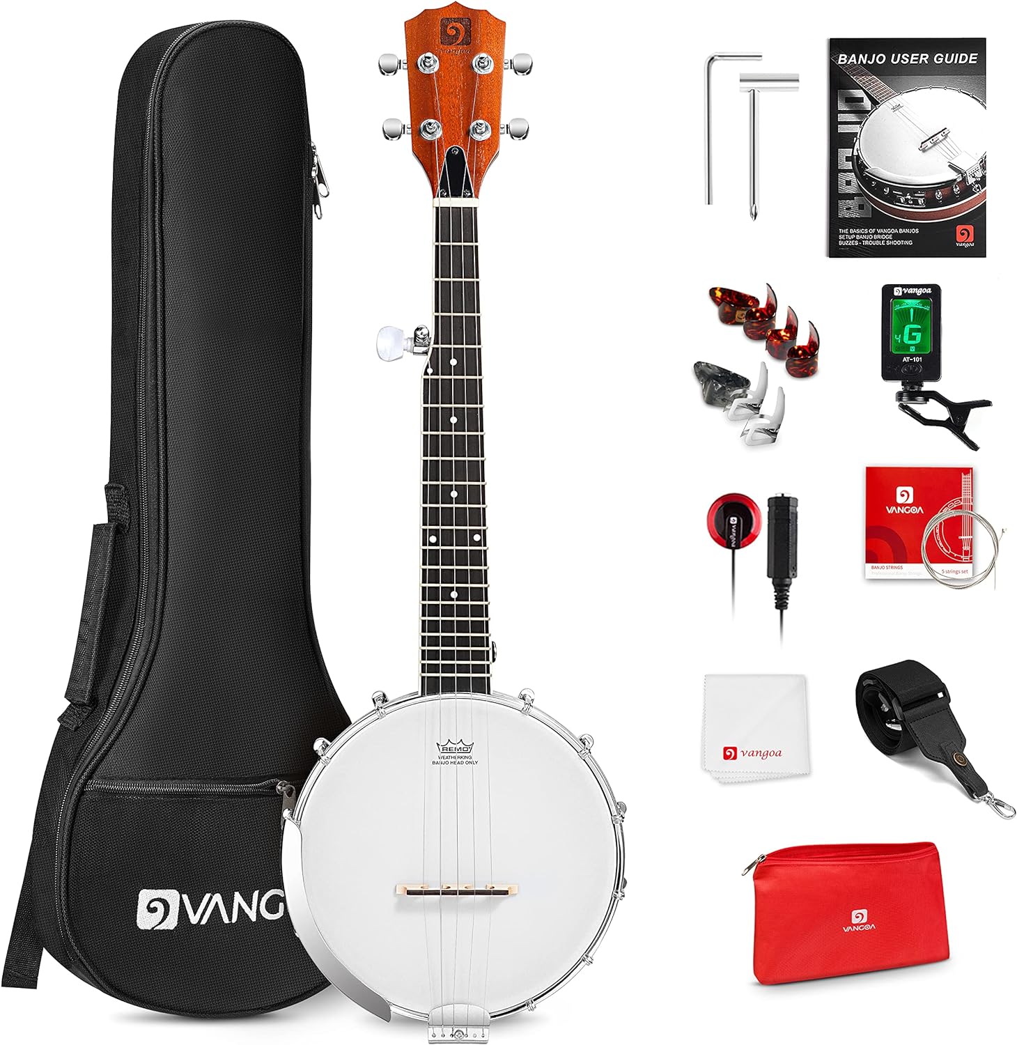 Vangoa 5-String Banjo Set with Resonator, Remo Head, Mahogany Body, Beginner Kit with Accessories C Brown, 38 Inch
