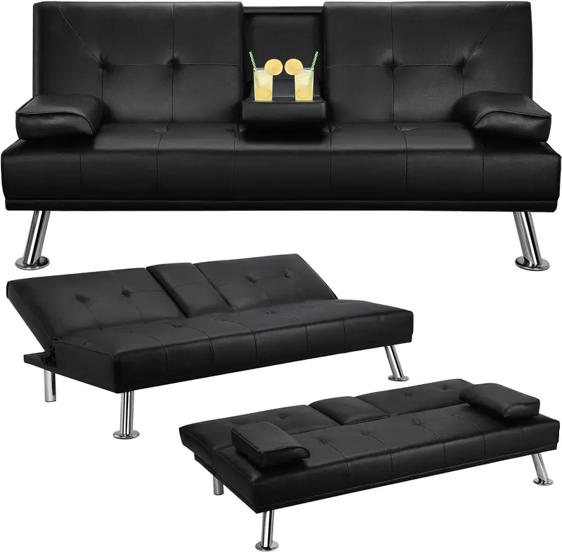 Yaheetech Convertible Sofa Bed – Adjustable Faux Leather Recliner with Removable Armrests, Cup Holders, 3-Position Settings & 772 lb Weight Limit