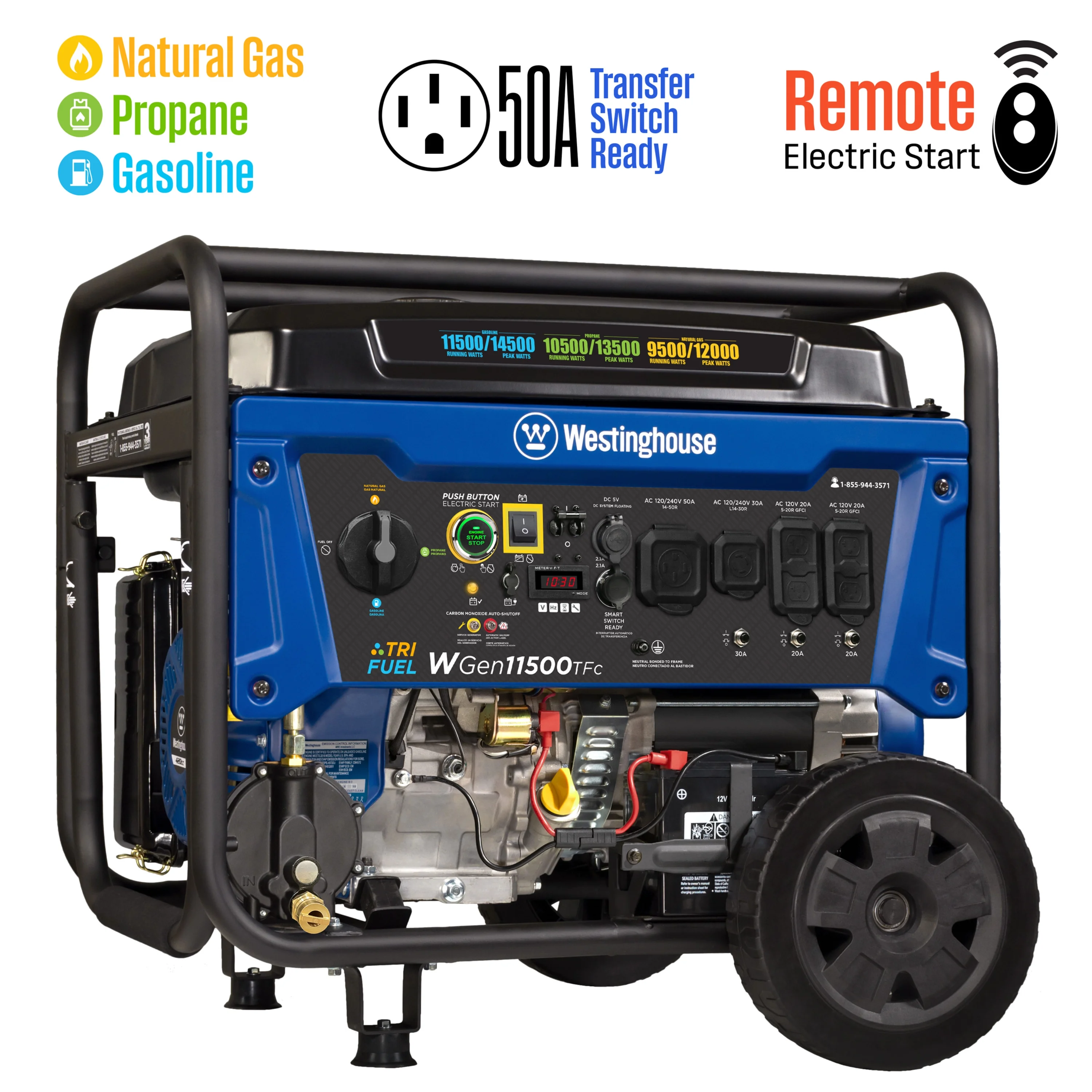 Westinghouse 14,500 Watt Tri-Fuel Portable Generator, Home Backup, CO Sensor
