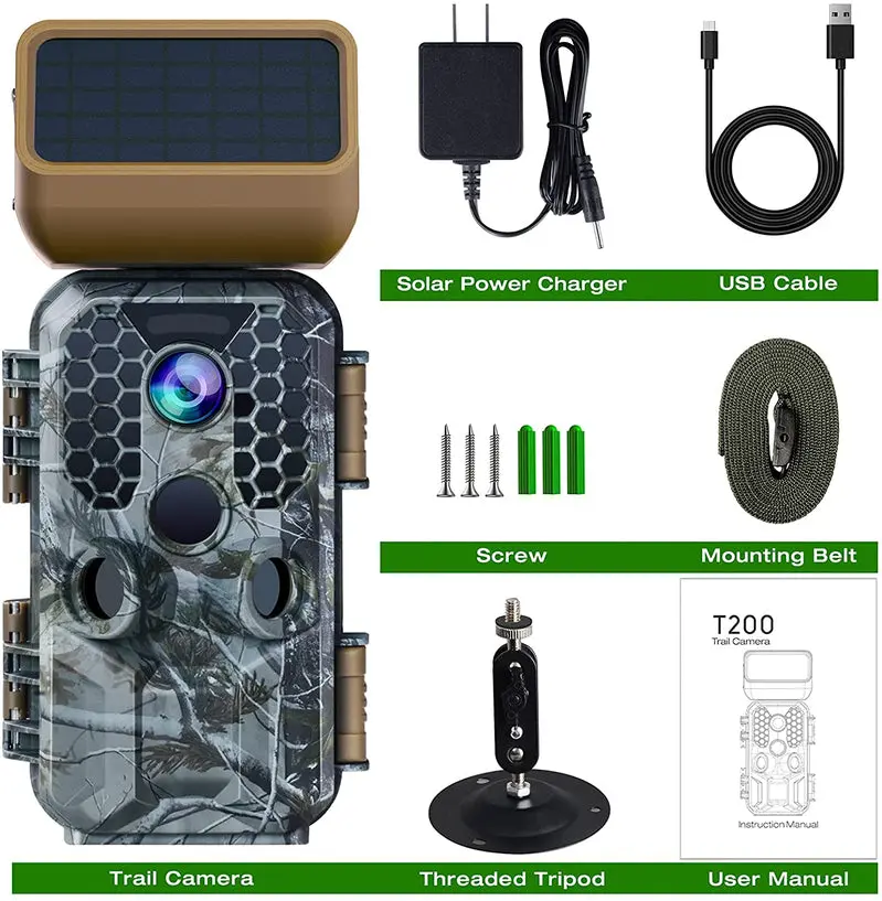 T200 Solar-Powered Trail Camera – 4K Video, 30MP Photos, WiFi & Bluetooth Connectivity