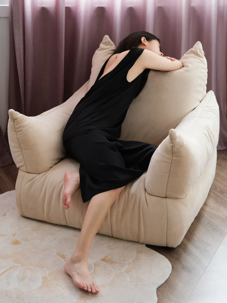 CH047 - Vintage Leather Lazy Sofa: Cream, Bedroom Armchair, Outdoor Lounge